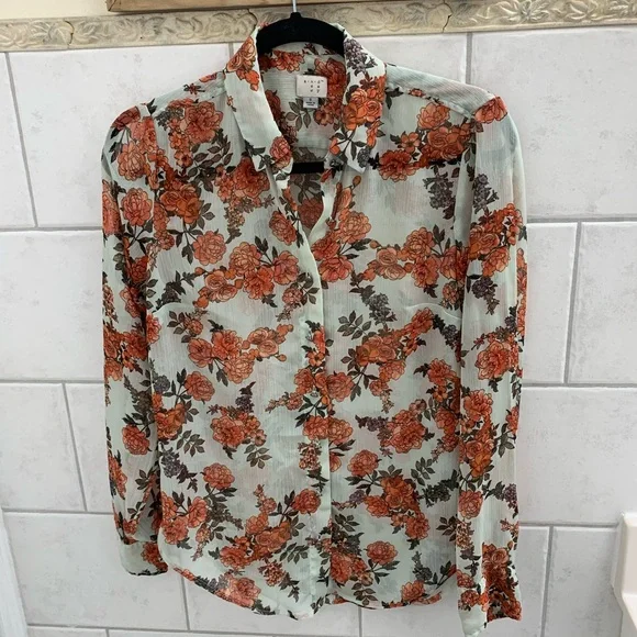 A New Day Orange Cream Floral Sheer Button Down Blouse - Picture 1 of 4